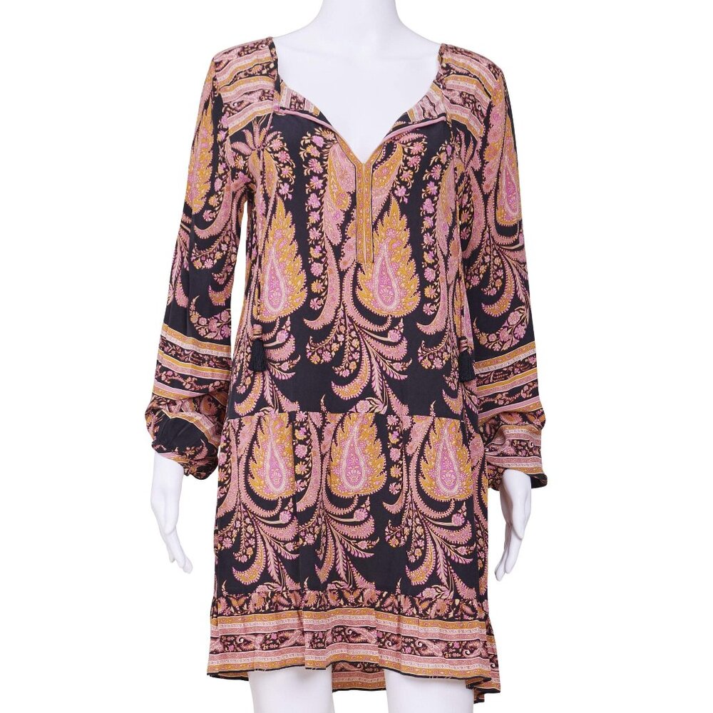 Calypso St. Barth Womens Silk Renisma Dress Paisley Peasant Sleeve in Multicolor